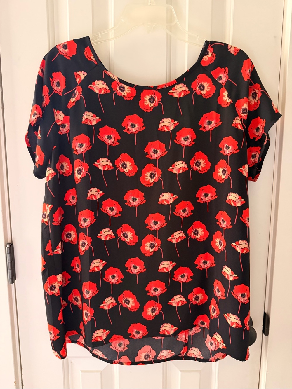 CAbi Black Blouse with Red Poppy Print